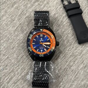Blue and Orange Dive Watch with Black Mesh Bracelet